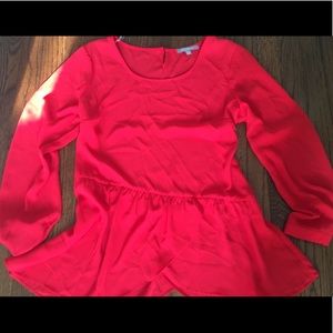 Red long sleeve, tulip hem blouse